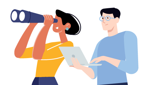 man with laptop and girl with binoculars